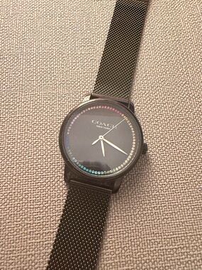 Coach Black Mesh Bracelet Watch with Rainbow Crystal Accents